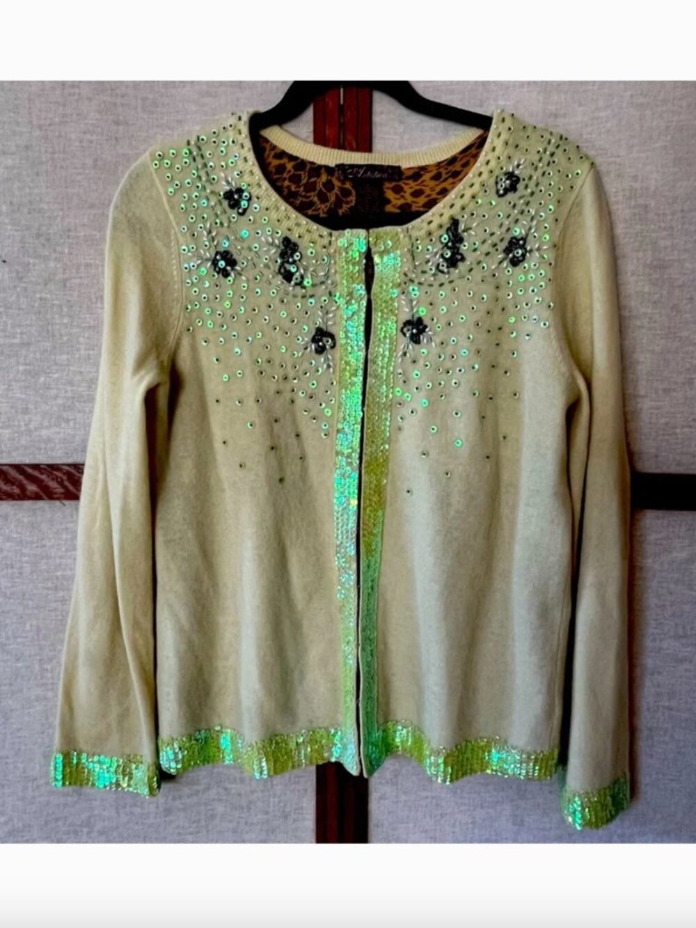 Artistica Wool Angora Beaded Sequin Hook Front Cardigan Leopard Print Sweater